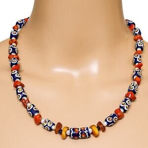 Bold Tribal Ethnic Artisan Necklace Glass Krobo Beads Coral Amber Pearls 20”